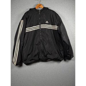 Vintage Adidas Reversible Hooded Jacket Black Gray 3 Stripe Men’s XL Bin E